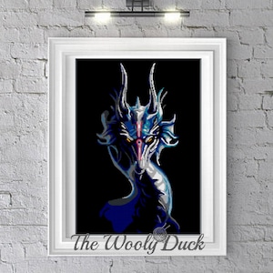 May include: A blue and silver dragon with red eyes and a white stripe down its nose. The dragon is on a black background.