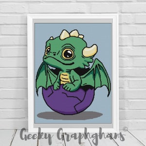 May include: A green baby dragon with yellow horns and wings is hatching from a purple egg. The dragon has big eyes and is looking to the left.