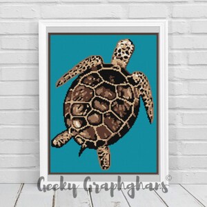 May include: A brown and black sea turtle with a blue background. The turtle is swimming in the ocean.
