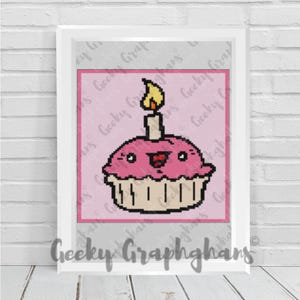 Può includere: Uno schema a punto croce incorniciato raffigurante un cupcake in pixel art con glassa rosa, una candela accesa e un volto sorridente. Il disegno è su sfondo rosa chiaro all'interno di un bordo quadrato, con il testo Geeky Graphghans visibile.