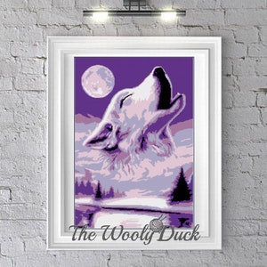 May include: A white wolf howls at the moon in a purple and pink landscape. The moon is full and bright, and the wolf's fur is white and fluffy. The background is a purple and pink gradient, with a few trees in the distance. The text "The Wooly Duck" is at the bottom of the image.
