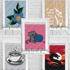 May include: Five framed cross-stitch art pieces. One features a blue flower, another a quote with ballet shoes, a third a cat with yarn, a fourth a coffee cup, and the last a dragon.