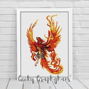 May include: A red and orange phoenix bird with its wings spread wide, rising from flames. The phoenix is a mythical creature that symbolises rebirth and renewal.