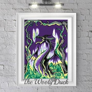 May include: A purple and green crochet pattern featuring a black dragon with flames in a forest setting. The pattern is titled "The Woolly Duck".