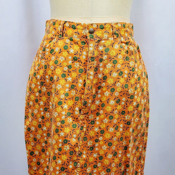 Vintage 1990s Caroche & Co. Orange Floral Denim Pencil Jean Skirt - Size 34