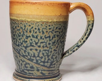 Vintage 1970s Orange & Green Ceramic Stoneware Pottery Mug Wheel Thrown Coffee Cup