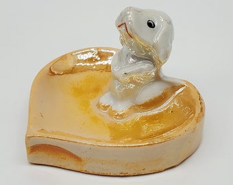 Antique 1940s Dog on Orange Lusterware Heart Porcelain Japan Ashtray