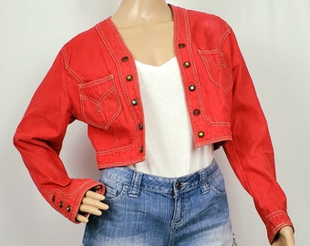 Vintage 1980s MOSCHINO Designer Red & Rainbow Rhinestone Cropped Jean Jacket - Italian Size 44