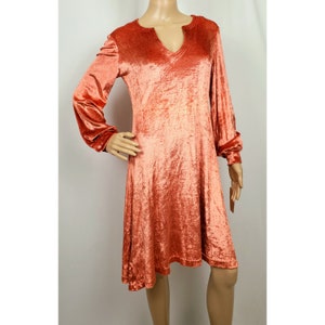 Vintage 1970s Crushed Velvet Coral Long Sleeve Shift Grunge Dress - Size 9/10