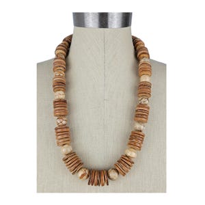 Vintage Brown Coconut Shell & Beachwood Bohemian Ethnic Beaded Necklace with Barrel Clasp