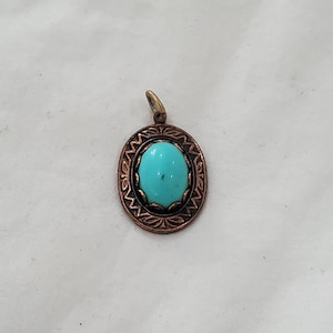 Vintage Faux Turquoise Brass Solitaire Pendant Necklace