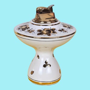 Vintage Charleton Hand Decorated Ceramic White & Gold Gilded Tabletop Lighter With Floral Design