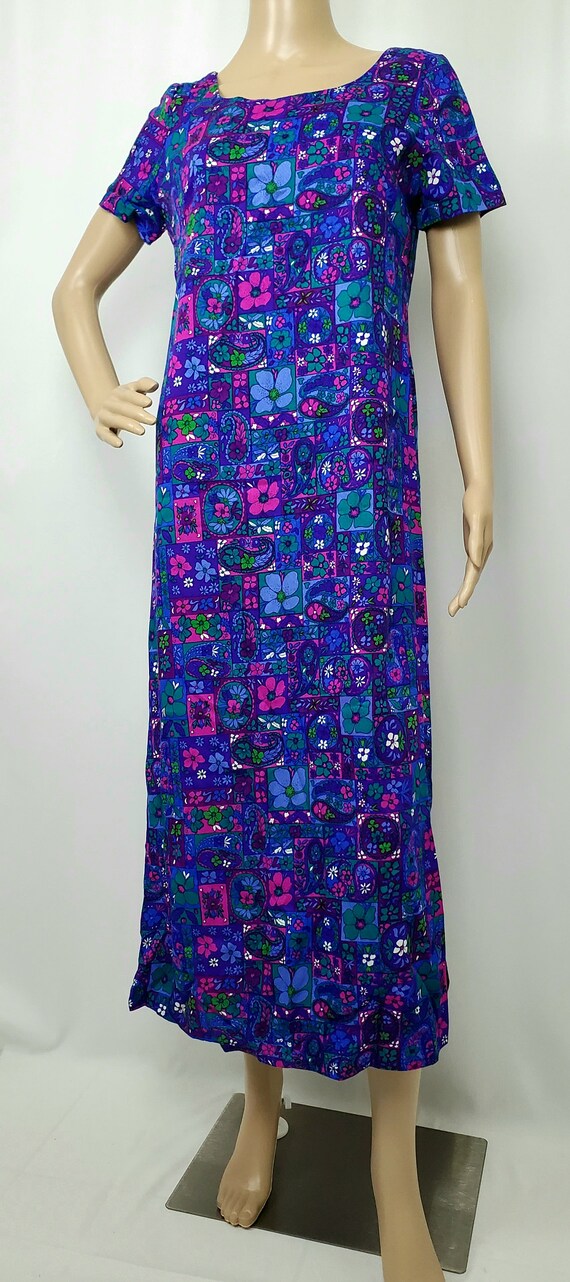 Vintage 1960s Flower Print Blue & Purple Maxi Dre… - image 2