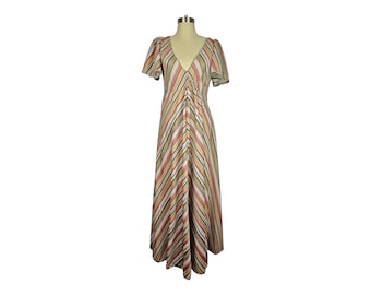 WOUNDED Vintage 1970s Debbi Brooks Green Striped Maxi Dress With Flutter Sleeves - Union Made