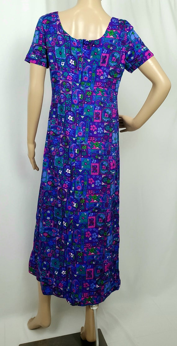 Vintage 1960s Flower Print Blue & Purple Maxi Dre… - image 4