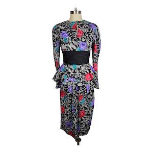 Vintage R&K Originals Floral Applique Knit Waist Peplum Long Sleeve Dress - Size 10
