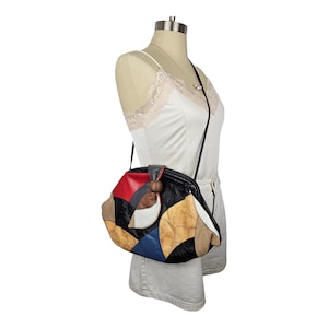 Vintage 1980s Black Leather with Multicolor Patchwork Design Crossbody & Clutch Hybrid Purse By Cherry California
