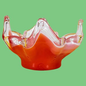 Vintage Persimmon Red & White Handblown Murano Glass Handkerchief Flamenco Bowl
