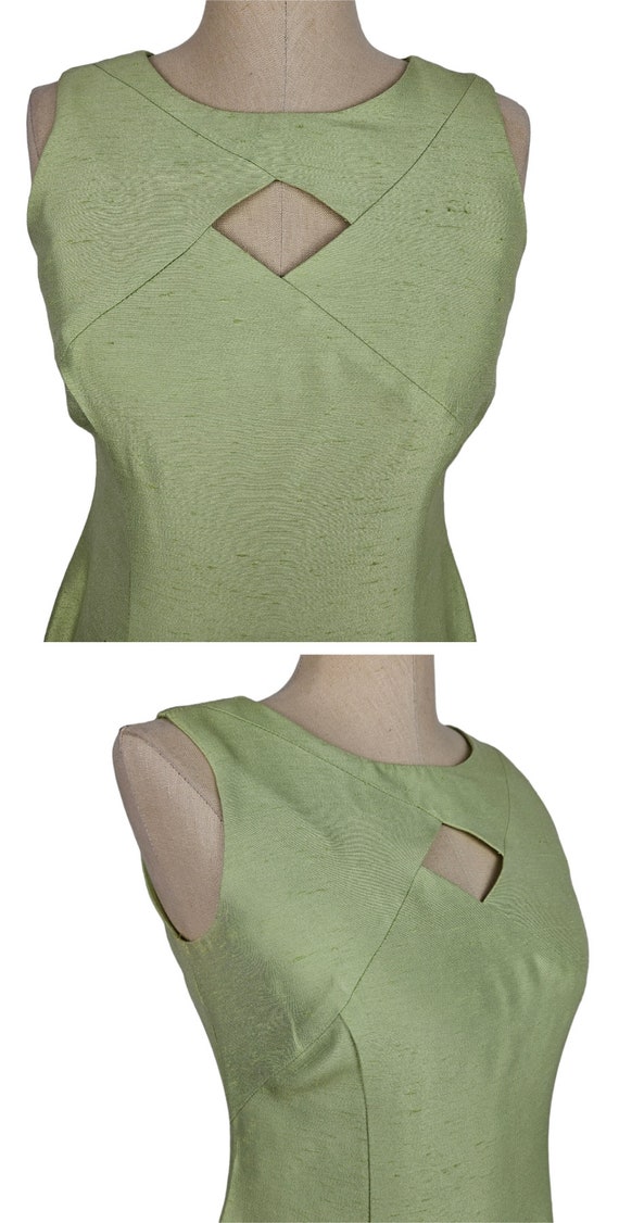 Vintage 1990s Does 1960s Silk Green Sheath Cutout… - image 4