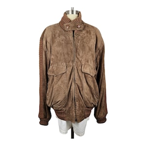 Vintage Brown Suede & Wool Zip-Front Long Sleeve Leather Jacket by Dressco - Made in Italy -  Italian Size 50