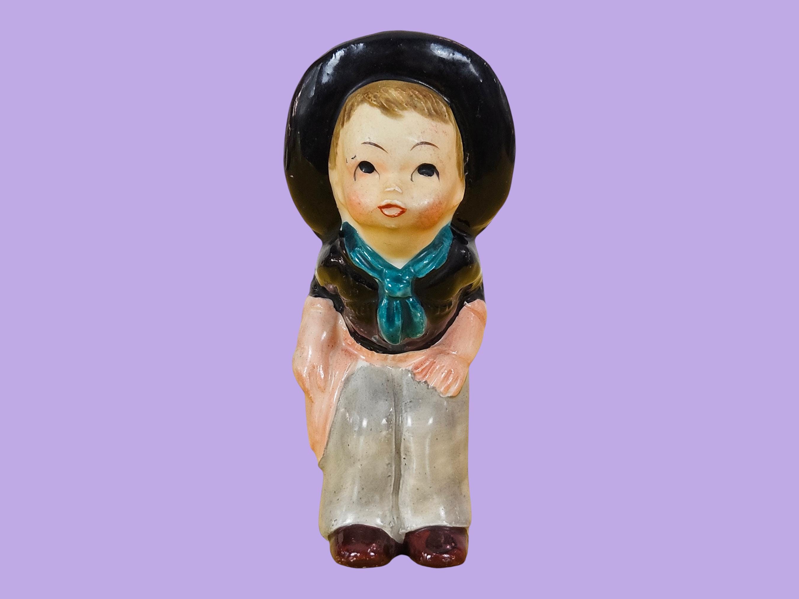 カウボーイ 陶器像 Vintage Porcelain Japan Cowboy With Black Hat Salt Shaker