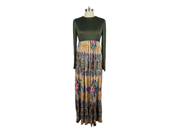 WOUNDED Vintage 1970s Green Long Sleeve Maxi Dres… - image 1