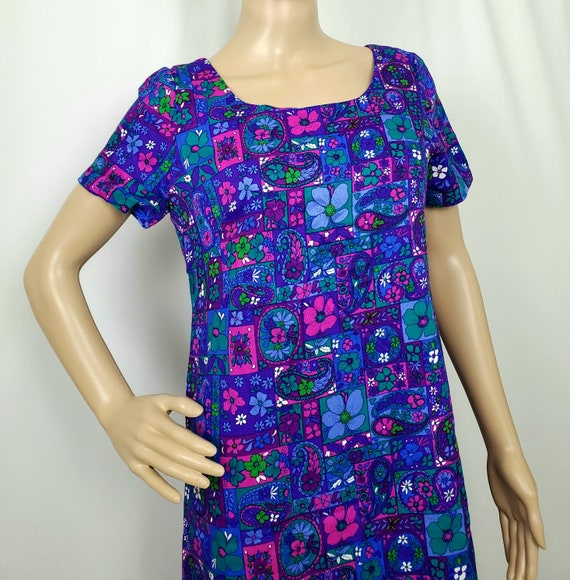 Vintage 1960s Flower Print Blue & Purple Maxi Dre… - image 5