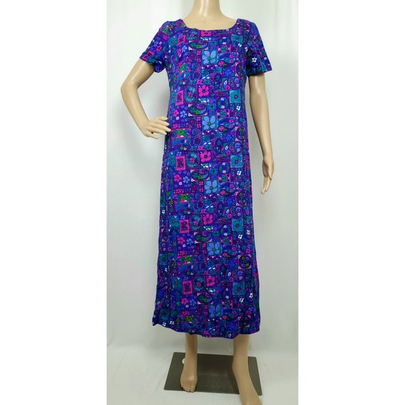 Vintage 1960s Flower Print Blue & Purple Maxi Dre… - image 1