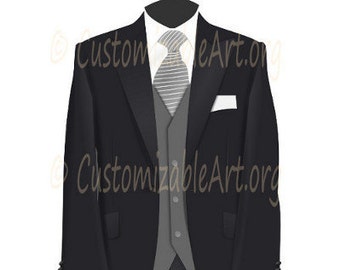 Tuxedo Clipart Digital Tuxedo Clip Art Image Graphic Mens Black Suit White Shirt Grey Tie Vest Wedding Bridegroom Groom Clothes Clothing Tux