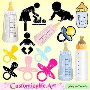 Baby Clipart digitale baby's Clip Art Baby Boy Girl bleke licht roze blauw zwart-wit silhouet flessen fopspeen moeder wijzigen afbeelding afbeelding