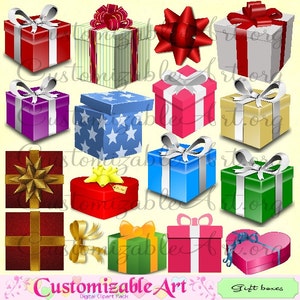 Gift Box Clipart Digital Gift Boxes Clip Art Gift Wrap Silver Ribbon Bow Red Green Gold Golden Present Clipart Heart Gift Box Images Graphic