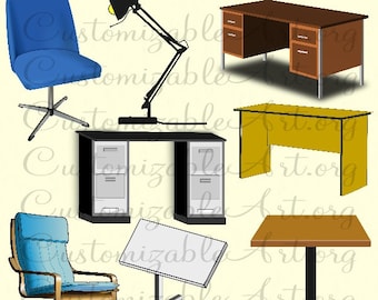 Images de table Clipart numérique Bureau pince bureau meubles Clipart Office bureau chaise lampe portable ordinateur Bureau étudiant étude école d’Art graphique