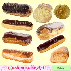 Eclair Clipart Digital Eclair Clip Art Cream Puff Images Chocolate Covered Eclair Sweet French Pastry Dessert Pastries Printable PNG Graphic