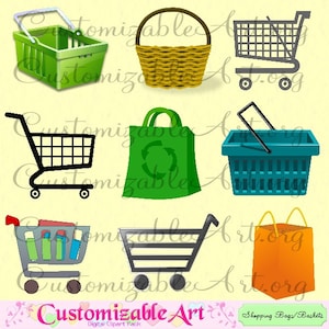 Shopping Basket Clipart digitale winkelwagentje illustraties gerecycleerd tas kruidenier geweven mand beelden pictogram afbeeldingen groen oranje bruin zwart blauw