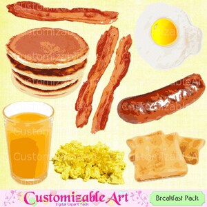 Frühstück Clipart Essen trinken Clipart Clipart Digital Frühstück Scrapbook Clip Art gebratenes Ei Rührei Saft Speck Wurst Pfannkuchen Toast
