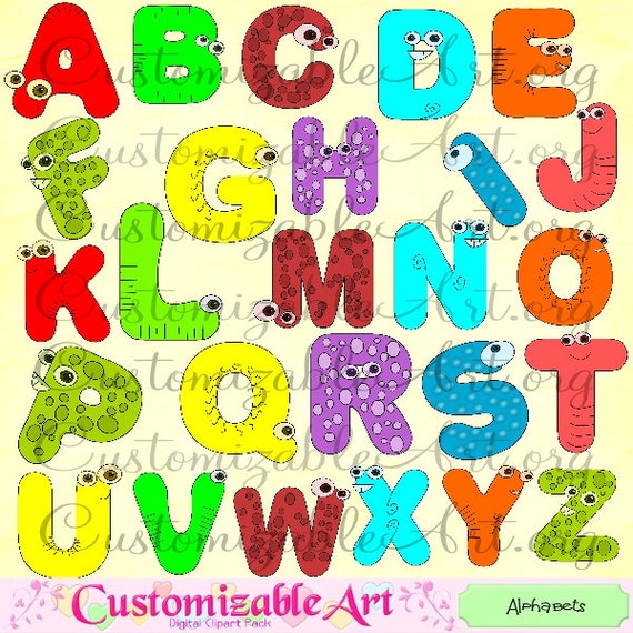 Cute Alphabet Clipart Digital Printable Animal Alien Big Eyes Kids Fun  Alphabet Clip Art Images Monster Graphics Red Blue Green Pink Green