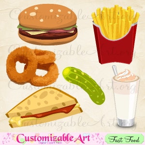 Anelli di Fast Food Clip Art digitale Fast Food pasto Clipart prosciutto formaggio Burger cipolla fritte Pickle Sandwich Milk Shake Scrapbook grafica realistica