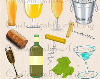 Alcoholic Drink Clipart Digital Wine Bottle Glass Champagne Bubble Grape Leaf Cork Beer Ice Bucket Happy Hour Martini Glass Images Graphics
