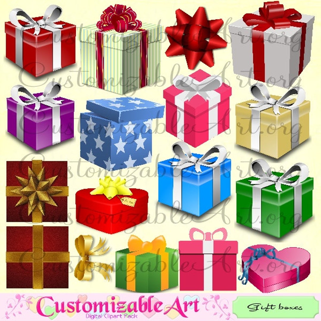 Gift Box Clipart Digital Gift Boxes Clip Art Gift Wrap Silver Ribbon ...