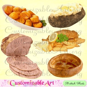 British Food Clipart Digital English Fish and Chips Clip Art Irish Food Meal Baked Roast Potato Roast Beef Sunday Roast Dinner Image Graphic