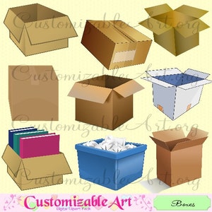 Mover cajas cartón Clipart Digital Clip Art abierto cerrado con cinta de embalaje reciclado Bin papel basura caja marrón imágenes prediseñadas imágenes gráficas
