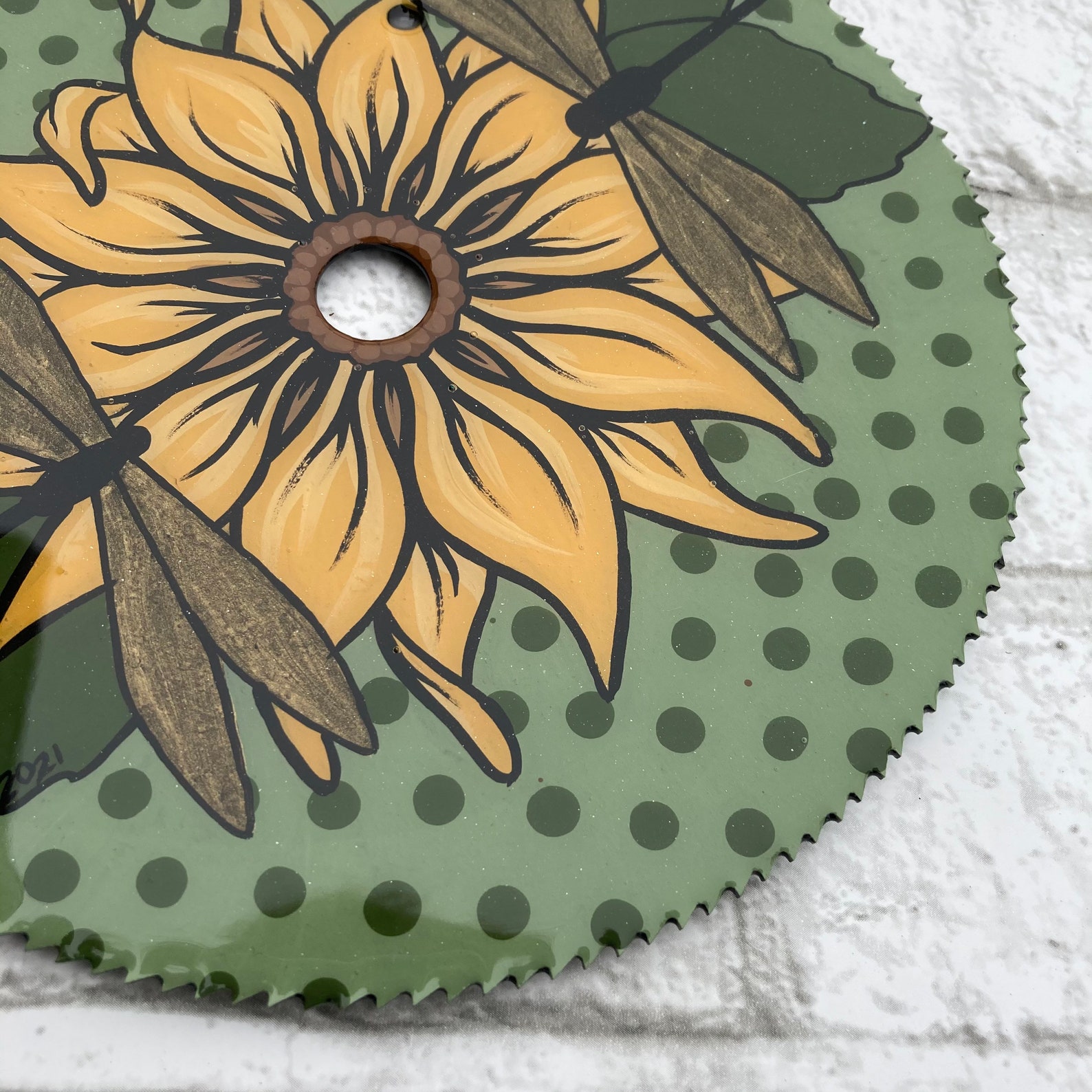 Gold dragonfly and sunflower saw blade painting Etsy