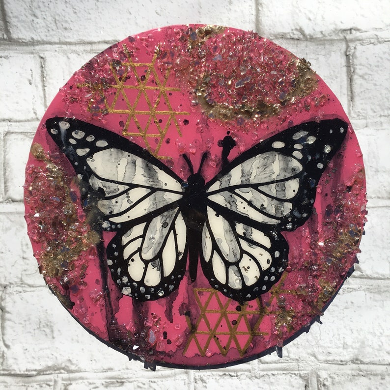 Pink watercolor butterfly crystal metal disc painting