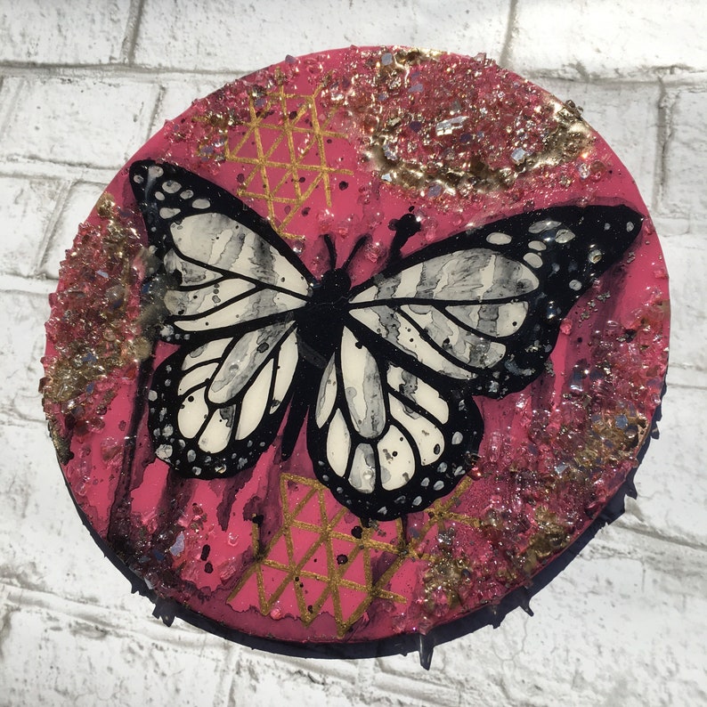 Pink watercolor butterfly crystal metal disc painting