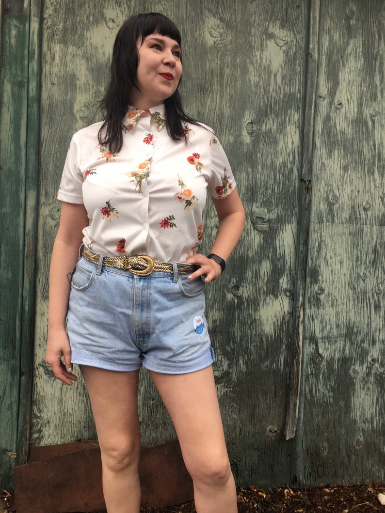 90s Floral Print Button Up Photo Realistic 90s Print 90s Vintage Button Up Blouse Size XL Poppy Print FREE SHIPPING