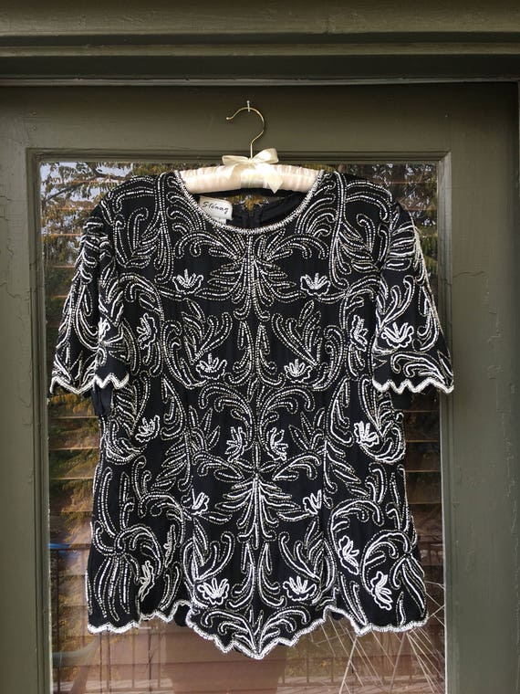 Black 80s Beaded Crepe Blouse - image 2