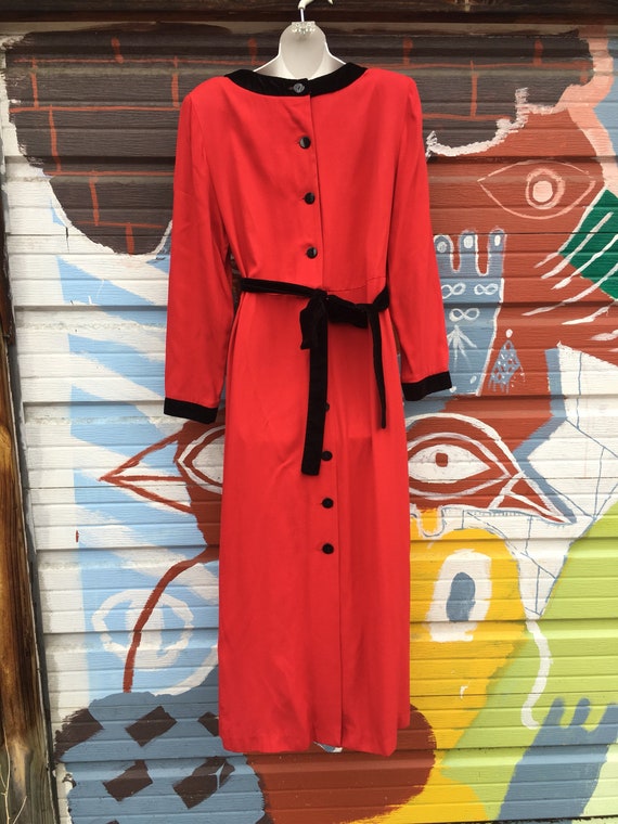 60s Red/Black Velvet Trim Button Up Maxi Dress/ F… - image 6
