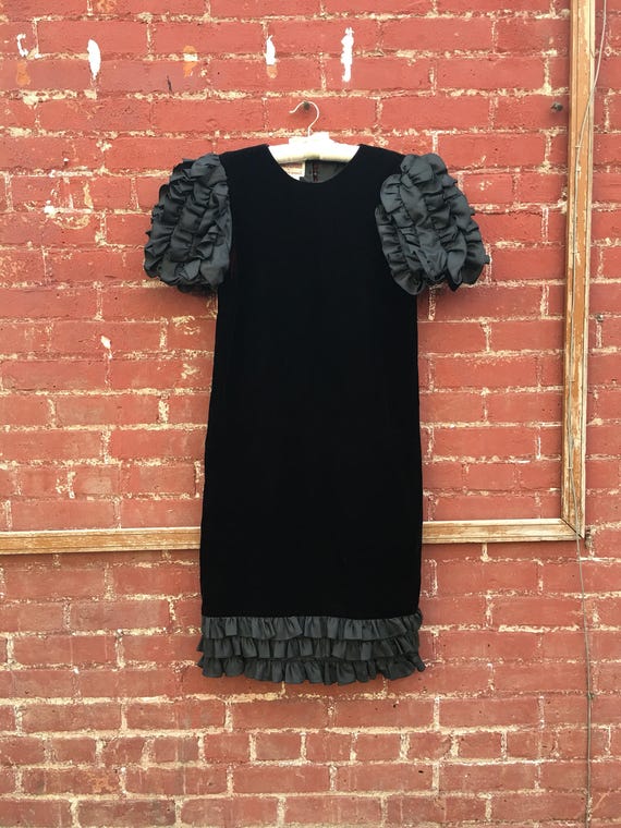 80s Black Velvet Puffy Sleeve Dress