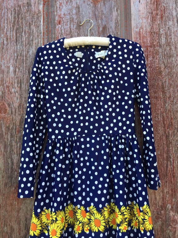 70s Polka Dot Flower Print Long Sleeve Dress/ 70s… - image 2