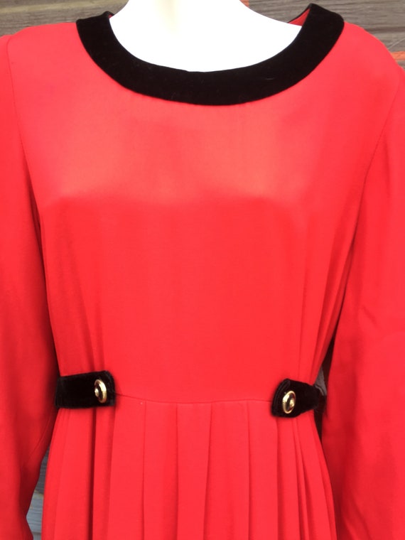 60s Red/Black Velvet Trim Button Up Maxi Dress/ F… - image 3